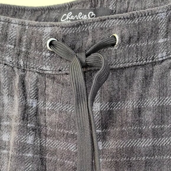 Charlie B Velour Pull On Drawstring Straight Leg Pants Gray Plaid Women's Size S - Picture 5 of 10